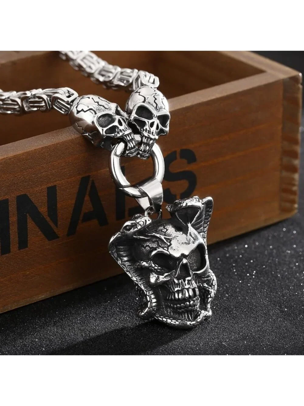 Gothic Skull Snake Pendant Necklace for Men & Women - Stainless Steel Cuban Link